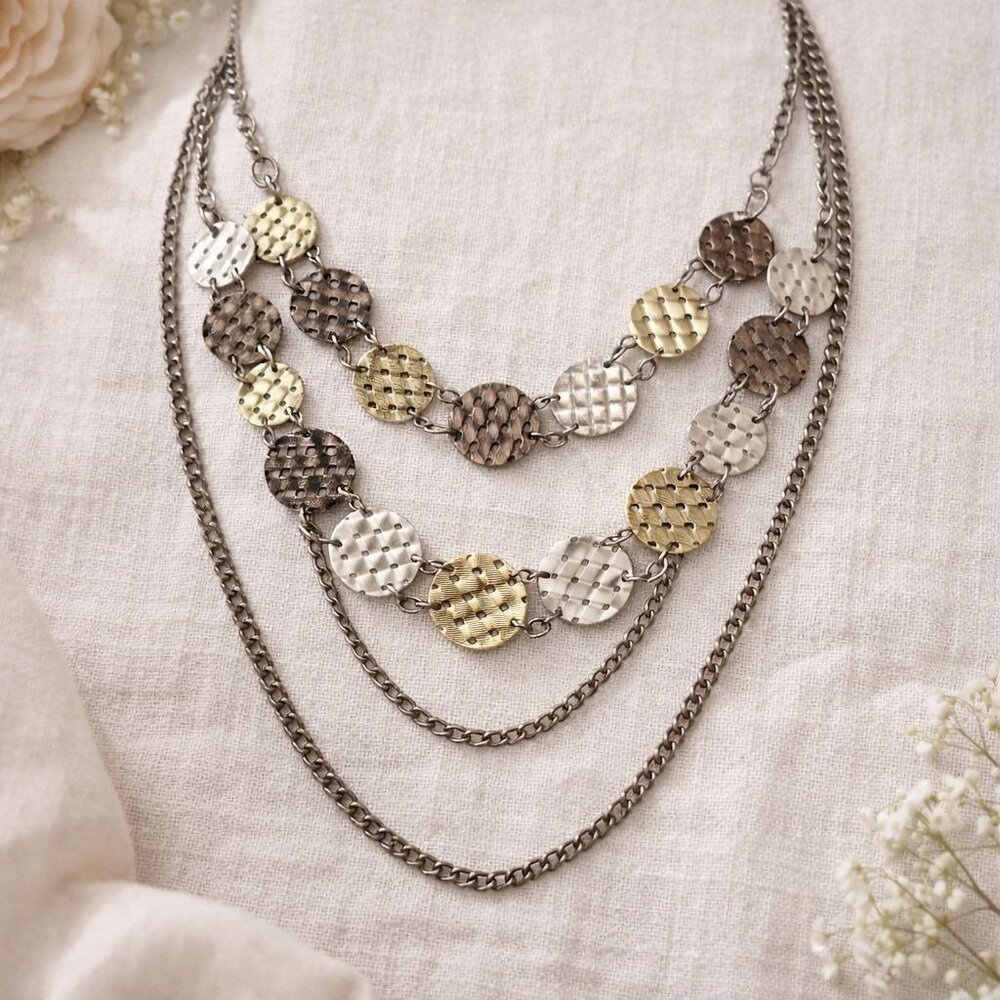 Vintage Layered Textured Disc Chain Necklace Mixed Metal Statement Piece